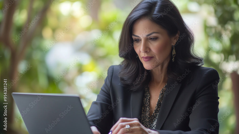 copy space, stockphoto, hispanic Busy mature business woman, middle aged professional executive manager lawyer wearing suit writing notes watching online webinar, using laptop copy space, stockphoto, hispanic Busy mature business woman, middle aged professional executive manager lawyer wearing suit writing notes watching online webinar, using laptop
