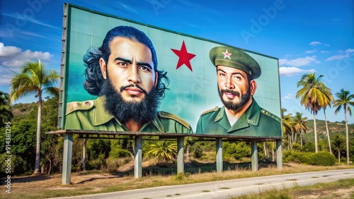 Political propaganda billboard in Matanzas, Cuba showcasing images of Fidel Castro and Che Guevara, propaganda