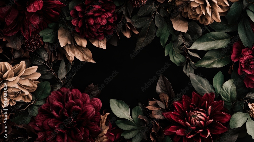 Dark Botanical Background with Red Flowers and Foliage Frame Dark Botanical Background with Red Flowers and Foliage Frame