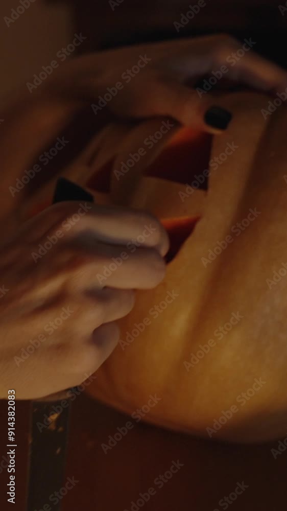 Vertical video. A Woman Carves Teeth into a Jack-O'-Lantern by Candlelight. Preparing and Decorating for Halloween. Vertical video. A Woman Carves Teeth into a Jack-O'-Lantern by Candlelight. Preparing and Decorating for Halloween.