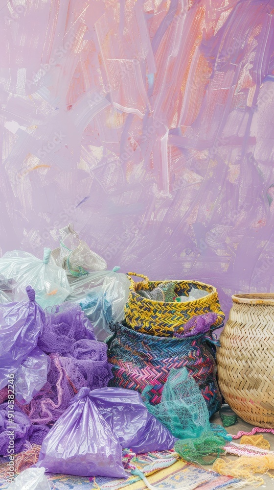 Fototapeta premium Woven baskets and colorful plastic materials are stacked against a light purple wall, showcasing vibrant textures and shades