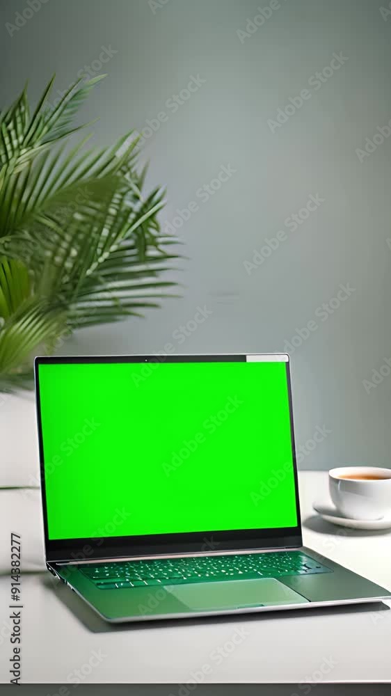 Laptop with green screen computer monitor standing on a table with chroma key copy space in living room or office. Vertical. Laptop with green screen computer monitor standing on a table with chroma key copy space in living room or office. Vertical.