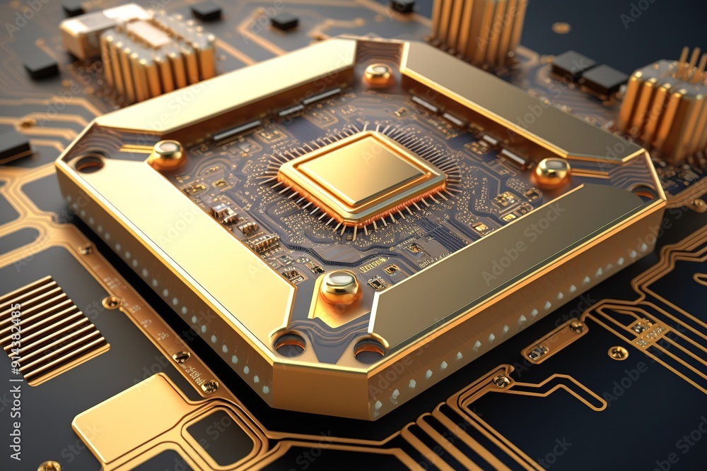 Closeup of golden processor chip on a black circuit board. Closeup of golden processor chip on a black circuit board.