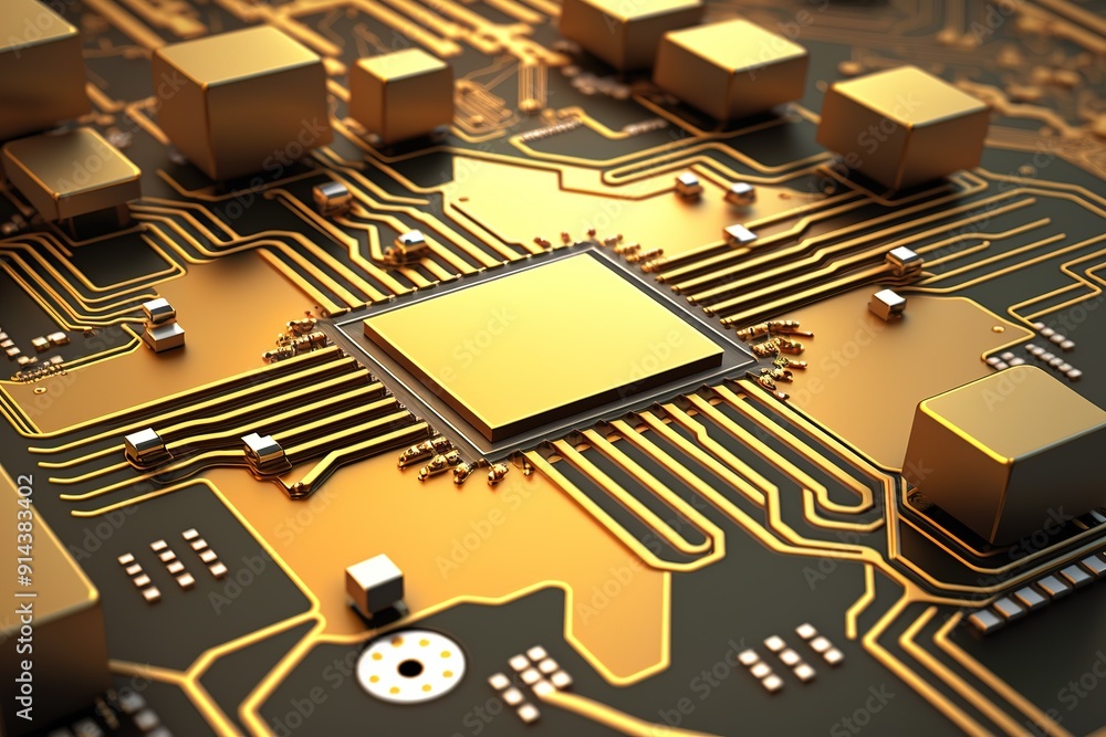 Gold circuit board with processor chip. Gold circuit board with processor chip.