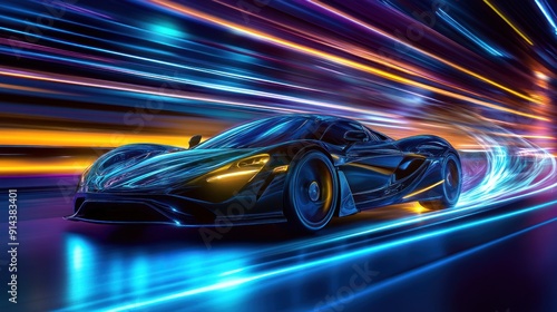 Black Sports Car in a Whirlwind of Neon Lights