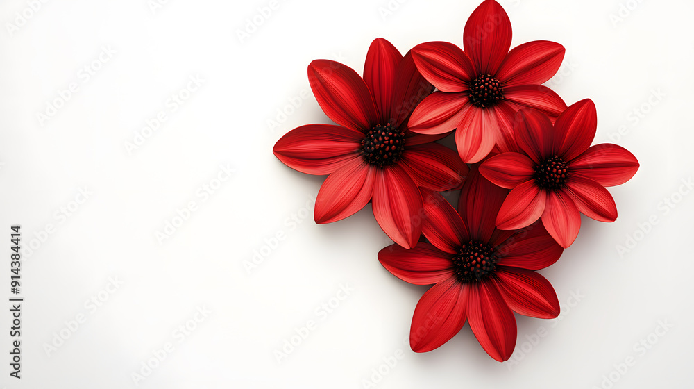 Four vibrant red dahlia flowers arranged in a loose cluster against a clean white background. Four vibrant red dahlia flowers arranged in a loose cluster against a clean white background.