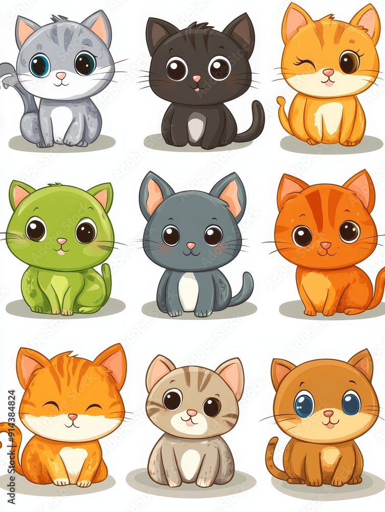 Nine Adorable Cartoon Cats in Various Poses Nine Adorable Cartoon Cats in Various Poses