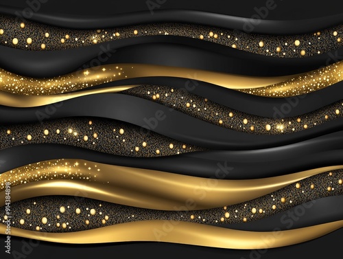 Abstract Black and Gold Waves with Glitter - Luxurious Background, Elegant Design, Geometric Shapes, Golden Texture, Shiny Sparkle, Premium, Modern photo