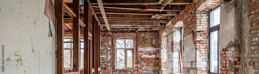 Obraz premium Interior view of an old, abandoned building with exposed brick walls, wooden beams, and broken windows.
