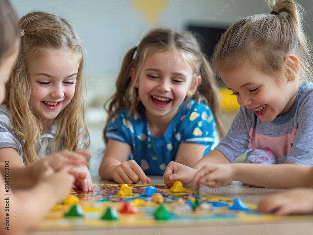 Fototapeta premium Young children playing a cooperative game, illustrating emotional teamwork and interactive fun