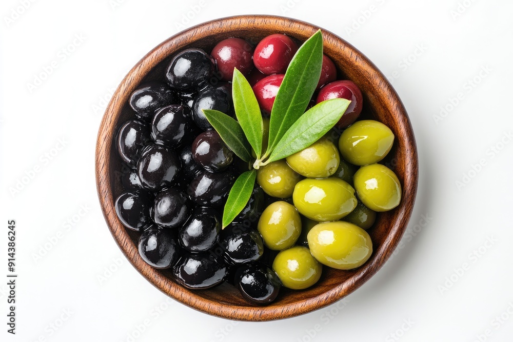 Bowl of assorted olives with green olive leaves Bowl of assorted olives with green olive leaves