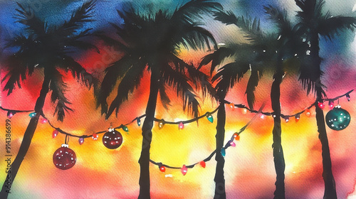 Tropical Sunset Watercolor with Palm Trees and Festive Lights