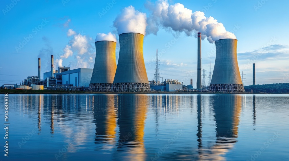 Obraz premium Power plant generates energy while cooling towers release steam into the evening sky