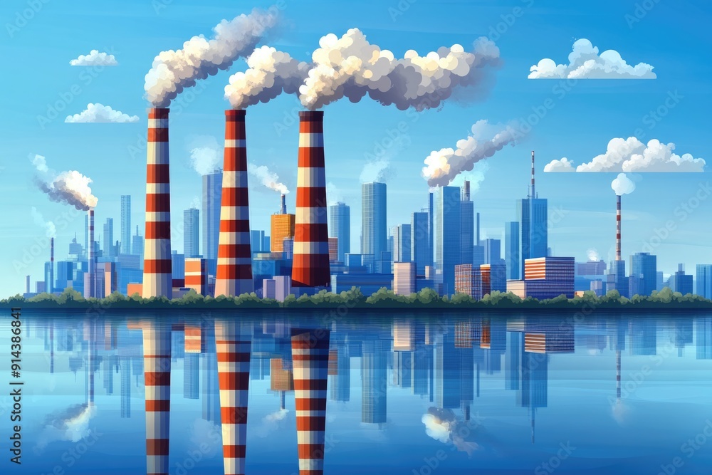 Obraz premium A power plant with smokestacks releases steam into the atmosphere