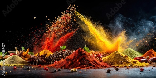 Fototapeta Naklejka Na Ścianę i Meble -  Colorful explosion of spices in super slow motion on black background, spices, colorful, explosion, slow motion, vibrant