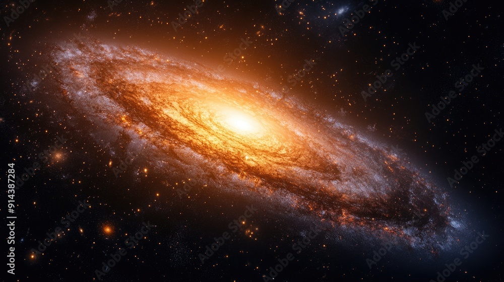 Fototapeta premium A spiral galaxy shines brightly in the dark expanse of space