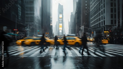 Bustling New York City Intersection with Diverse Crowd and Towering Skyscrapers in Moody Monochrome
