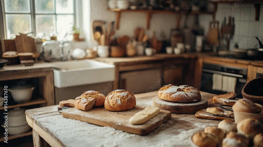 Home bakery kitchen scene with baking ingredients and tools for baking enthusiasts Home bakery kitchen scene with baking ingredients and tools for baking enthusiasts