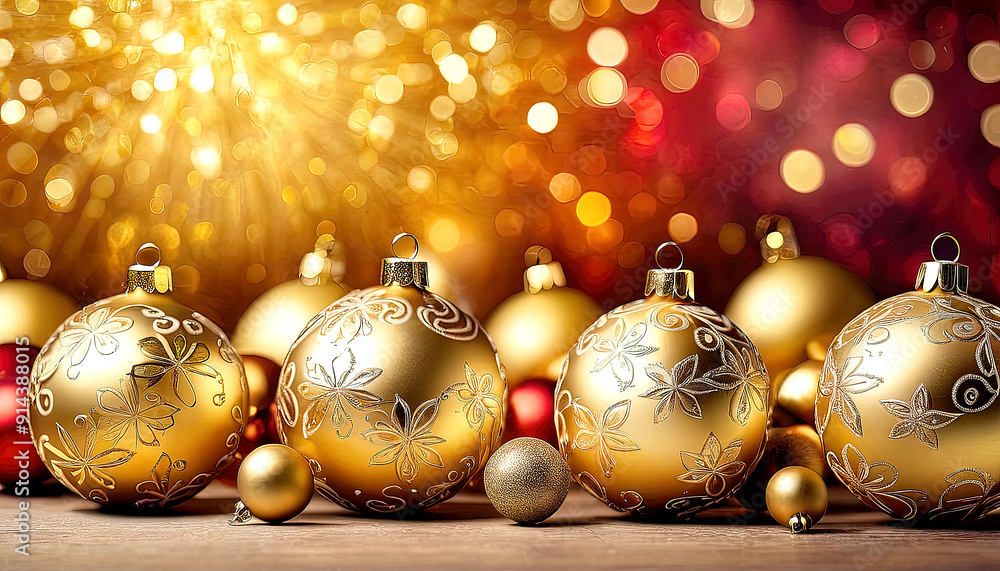 Christmas golden baubles on blurred sparkling background with glitter. Christmas New Year vintage card with balls, glitter and lights. Christmas New Year's winter home fairytale holiday.
Christmas golden baubles on blurred sparkling background with glitter. Christmas New Year vintage card with balls, glitter and lights. Christmas New Year's winter home fairytale holiday.