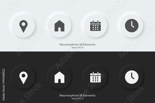 Appointment sign. A set of black and white  buttons with appointment symbols. Location, address, date and time icon. 3D Neumorphism design style for Websites, Interfaces, and mobile apps. UI UX.