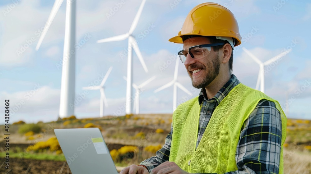 Smiling engineer checking data on laptop with wind turbines behind Smiling engineer checking data on laptop with wind turbines behind