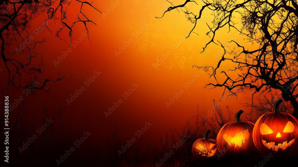 Spooky halloween scene with illuminated jack o lanterns on a dark atmospheric background Spooky halloween scene with illuminated jack o lanterns on a dark atmospheric background