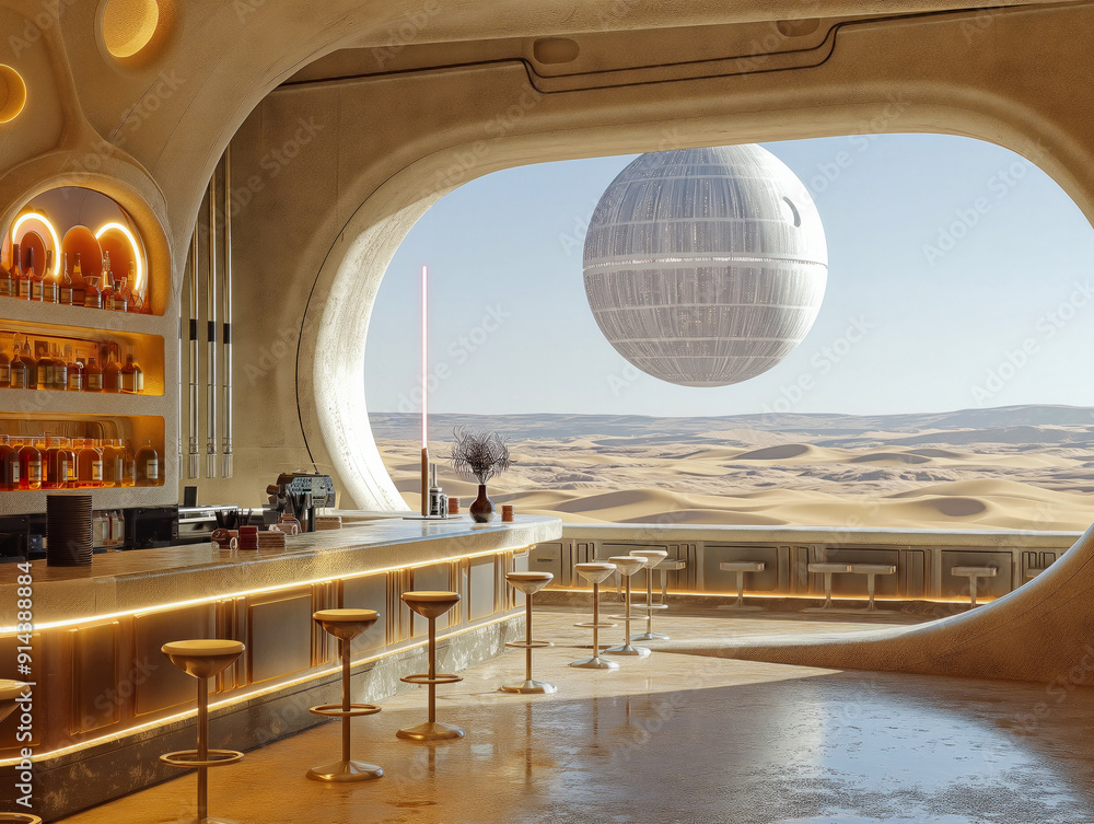 A futuristic cantina with sleek, modern design elements and a well stocked bar overlooks a vast desert landscape through a large, curved window A massive spherical structure floats in the sky outside