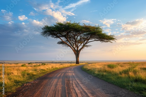 Solitary Acacia Tree on a Dusty Road in the Savanna