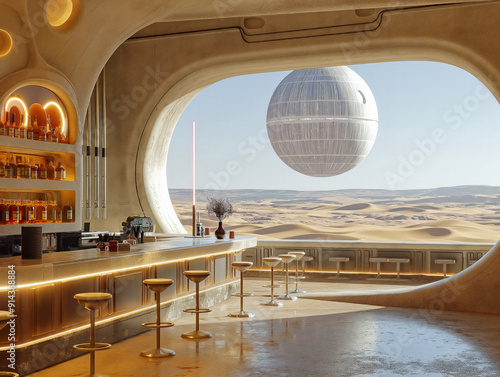 Obraz na płótnie A futuristic cantina with sleek, modern design elements and a well stocked bar overlooks a vast desert landscape through a large, curved window A massive spherical structure floats in the sky outside w salonie
