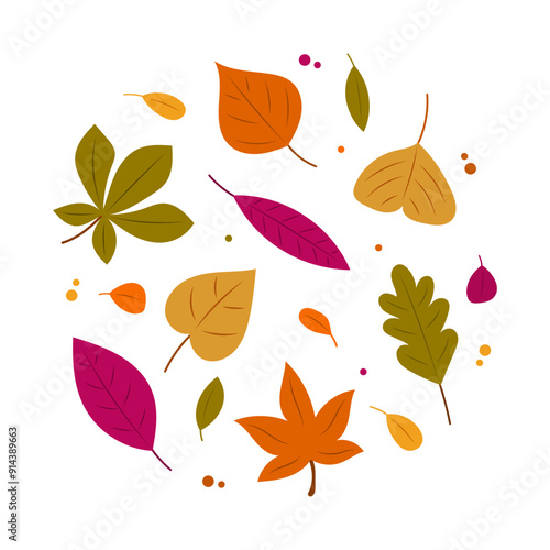 Vibrant Autumn Leaves Illustration - Colorful Fall Foliage on White Background.