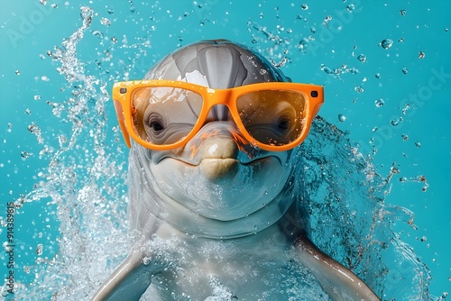 Smiling Dolphin in Neon Sunglasses Mid-Jump Against Light Blue Studio Backdrop
