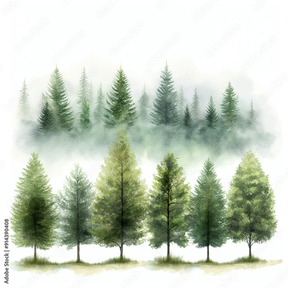 A painting of a forest with trees of various sizes A painting of a forest with trees of various sizes