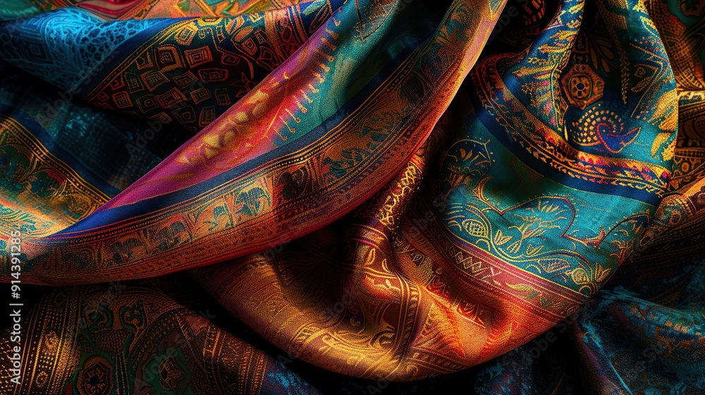 A close-up of a luxurious, intricately woven silk scarf draped elegantly over a velvet surface, showcasing its vibrant colors and patterns. A close-up of a luxurious, intricately woven silk scarf draped elegantly over a velvet surface, showcasing its vibrant colors and patterns.