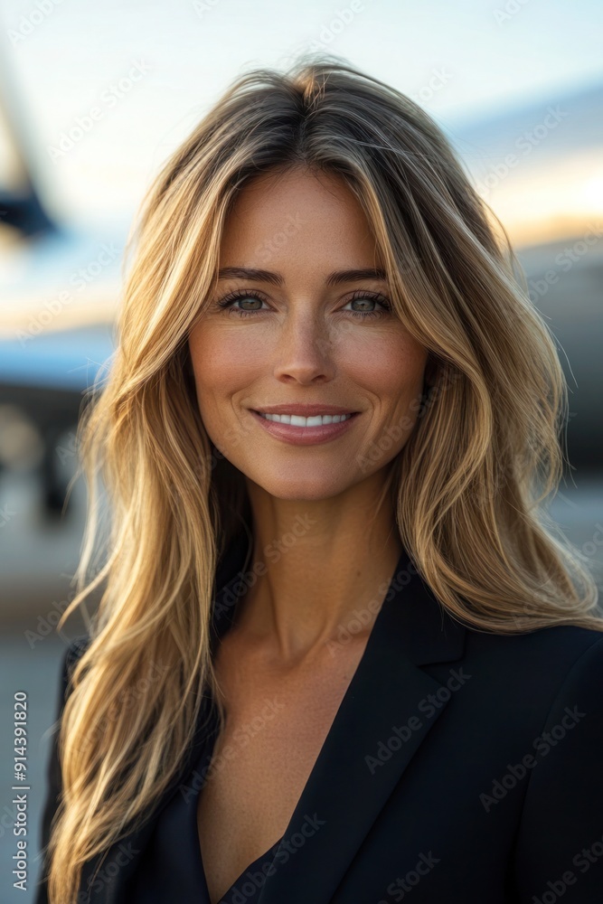 Smiling businesswoman standing on an airport tarmac with a commercial airplane in the background. Work and travel. Smiling businesswoman standing on an airport tarmac with a commercial airplane in the background. Work and travel.