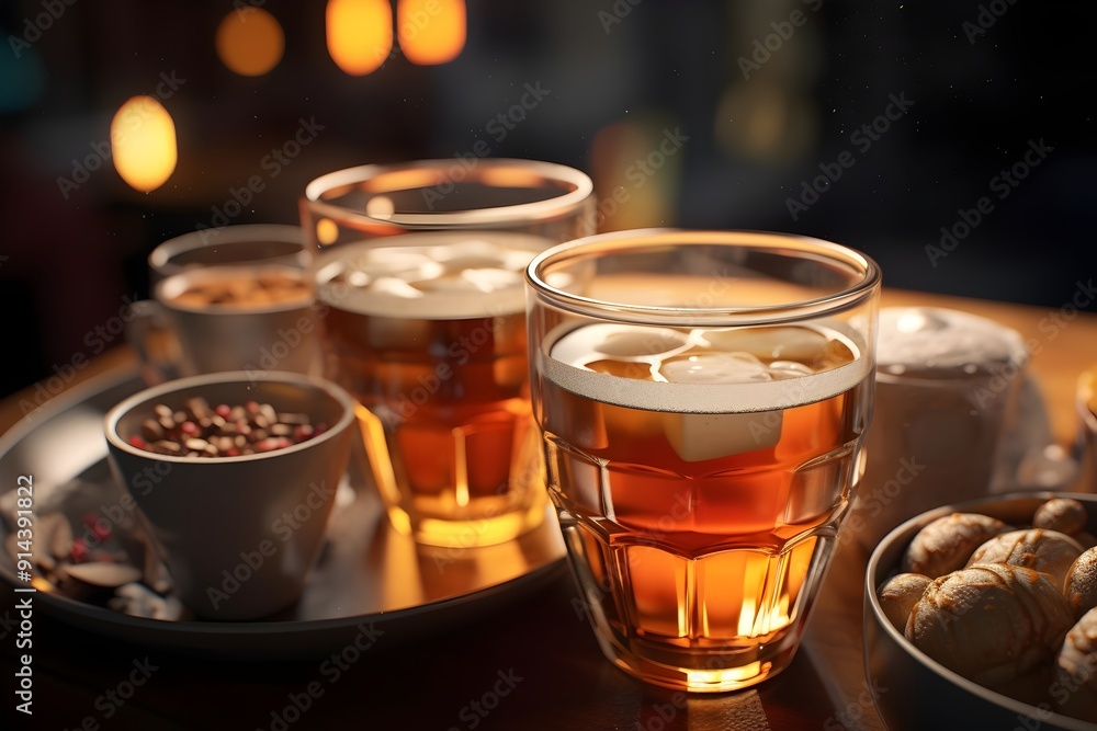 glass of beer and snacks on table glass of beer and snacks on table