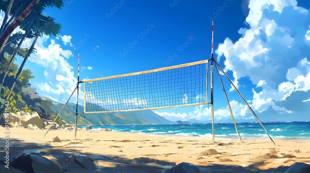 Volleyball Net Set Up on Tropical Beach with Scenic Ocean View Volleyball Net Set Up on Tropical Beach with Scenic Ocean View