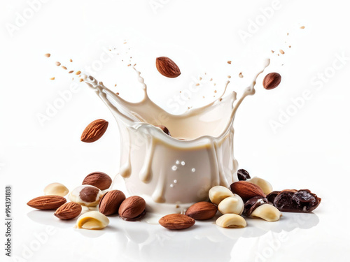 Group of nuts almonds and raisins surrounding fountain of pure milk