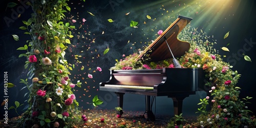 Fototapeta Naklejka Na Ścianę i Meble -  A Floral Symphony A Grand Piano Transformed into a Garden, piano , garden , symphony , flowers
