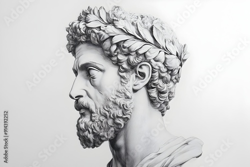 Marble Bust of Marcus Aurelius with Stoic Expression and Laurel Wreath on Clean White Background photo