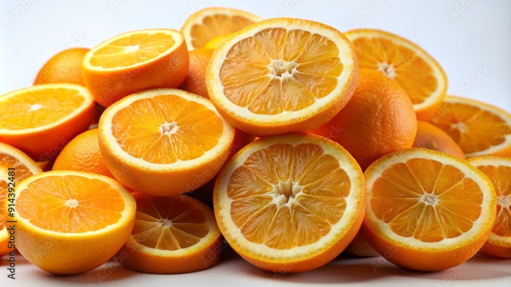 Fototapeta premium A Pile of Juicy Orange Slices, Close-up, Macro Photography, Citrus, Fruit, Food, Fresh