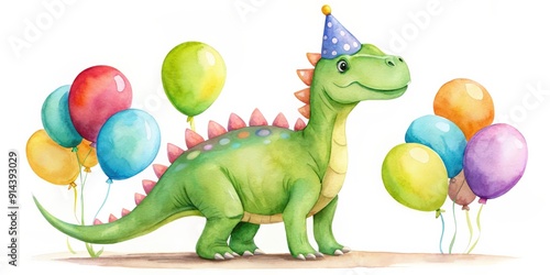 Fototapeta Naklejka Na Ścianę i Meble -  Delightful watercolor of a green dinosaur with a party hat, surrounded by colorful balloons, dinosaur, party hat