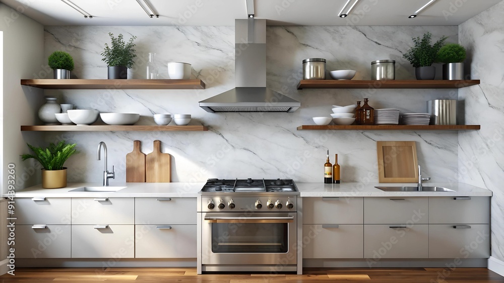 Sleek Minimalist Kitchen with Open Shelving and Statement Hood generative AI Sleek Minimalist Kitchen with Open Shelving and Statement Hood generative AI