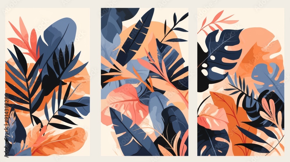 Obraz premium Set of Canvases Featuring Abstract Pink Leaves. Minimalist Plant Art Design on a Clean Background, Ideal for Contemporary Home Decor.