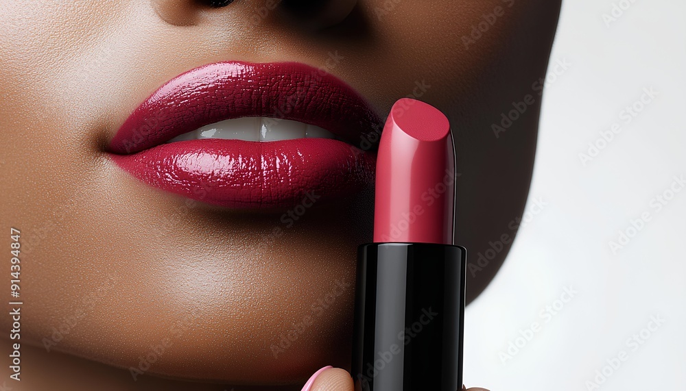 Obraz premium Woman holding a tube of pink lipstick near her lips for a beauty campaign concept. woman holding and applying pink lipstick on her lips for beauty campaign shot. tube of pigmented pink lipstick