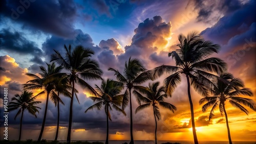 Silhouettes of Palm Trees against a Stormy Sunset Generative AI