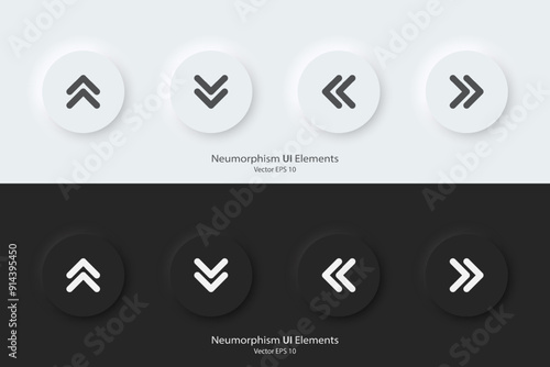 Direction sign. A set of black and white round buttons with direction symbols. The arrow up, down, right, left icon. 3D Neumorphism design style for Apps, Websites, Interfaces, and mobile apps. UI UX.