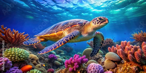 Sea turtle swimming through vibrant coral reef showcasing underwater biodiversity, sea turtle, coral reef, underwater photo