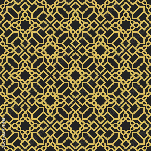 Seamless geometric pattern consisting of golden lines in arabesque style. Suitable for decorative designs, textiles, tiles, wallpapers, backgrounds, etc.