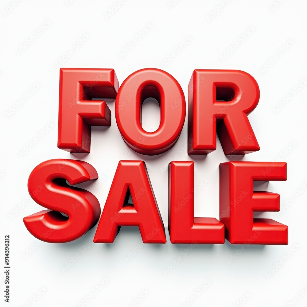 Bold red 'For Sale' sign in 3D letters against a white background Bold red 'For Sale' sign in 3D letters against a white background