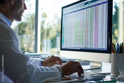 Hospital Doctor Using Spreadsheet For Billing Codes On Desktop